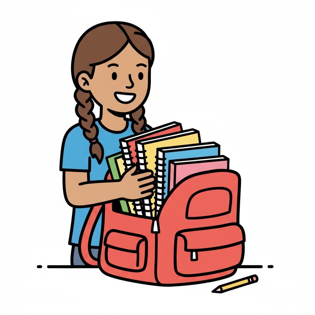 Ein Mädchen nimmt mehrere bunte Notizbücher aus ihrem roten Rucksack, der auf dem Boden neben einem Bleistift steht.