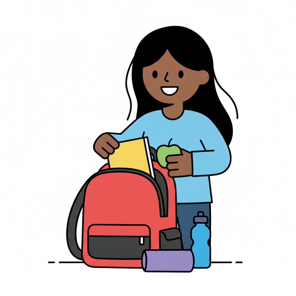 A girl lifts a notebook and an apple out of her red backpack.
