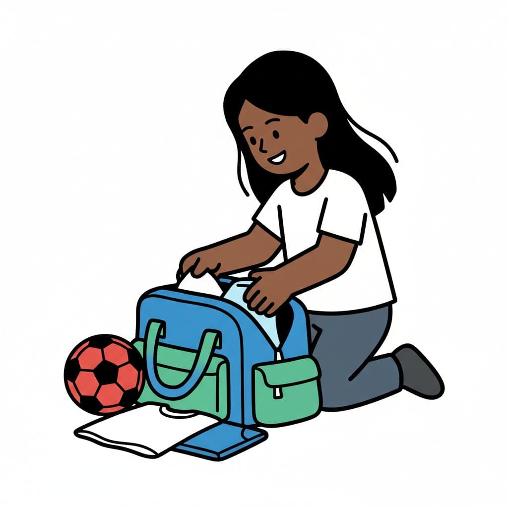 En flicka knäböjer och packar ur en blå och grön idrottsväska. En fotboll och papper ligger bredvid väskan.
