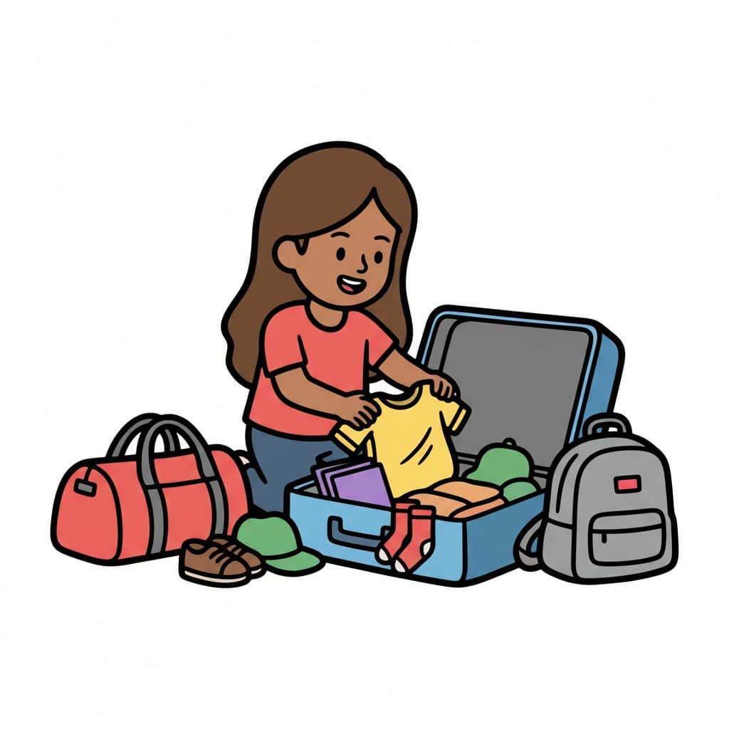 A girl kneels and unpacks clothes from an open suitcase. A red duffel bag and a grey backpack are next to her.