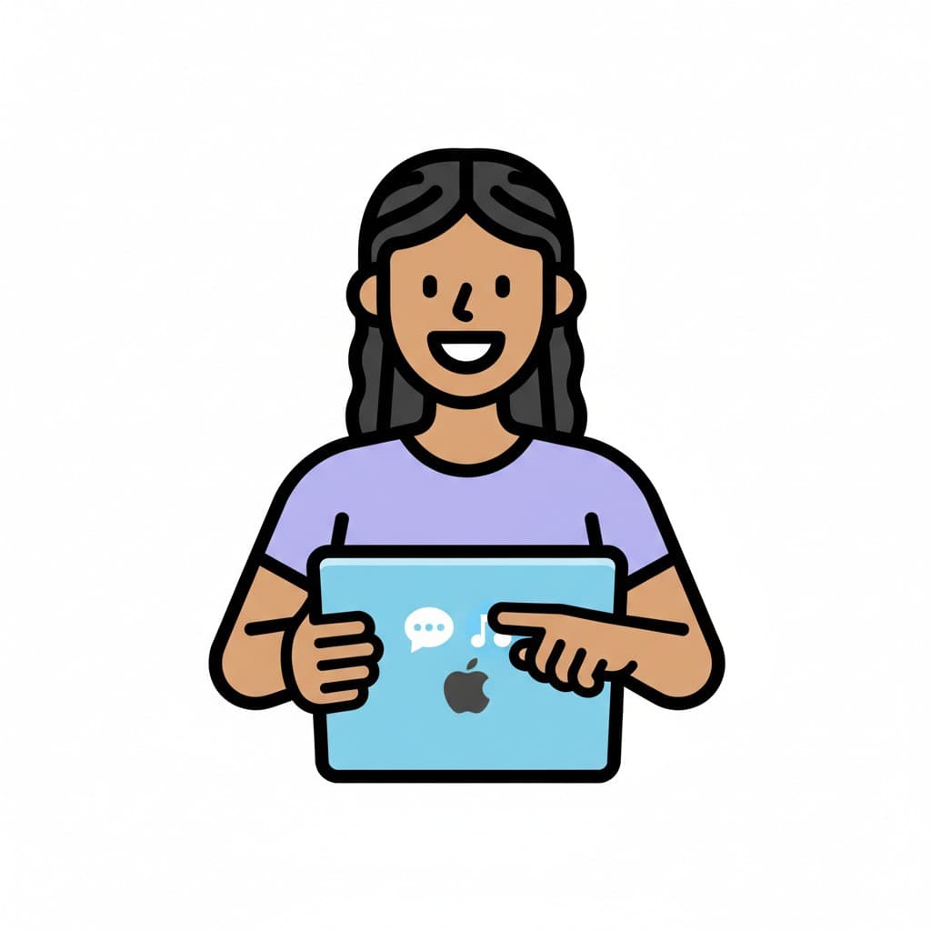 A person smiles while pointing at a blue iPad with chat and music icons.