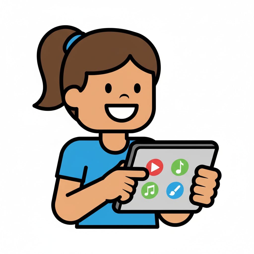 A person smiles while holding and pointing at a grey iPad with media icons.