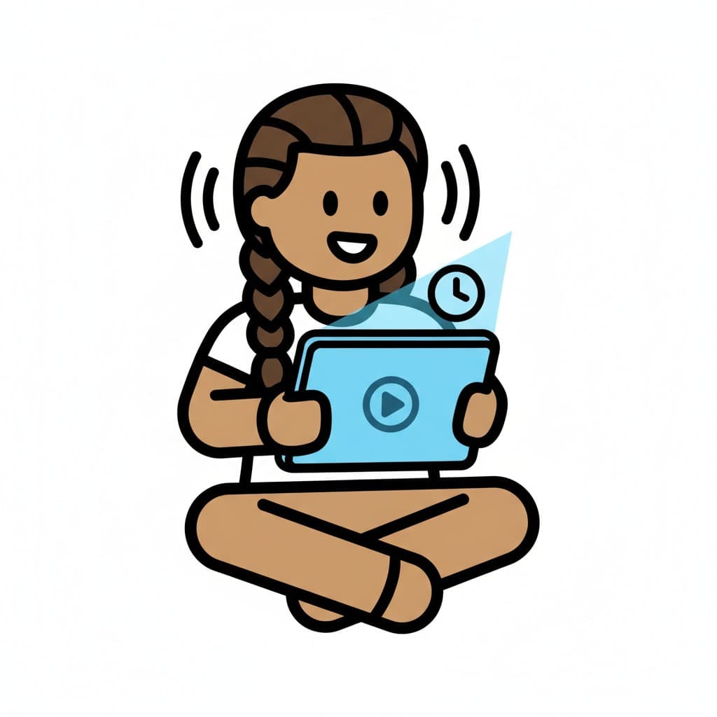A girl is sitting down and using a tablet with a timer and play symbol.