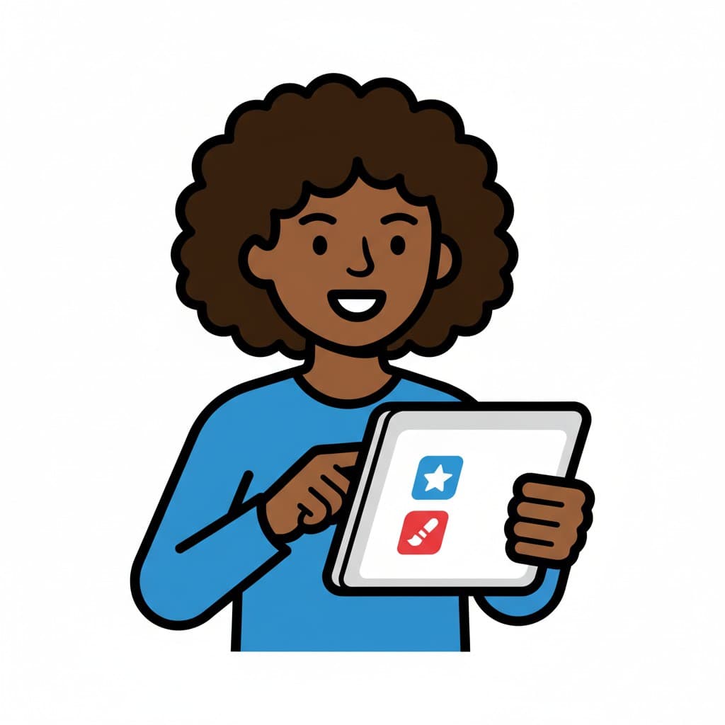 A person smiles while holding a white iPad with star and pencil icons.