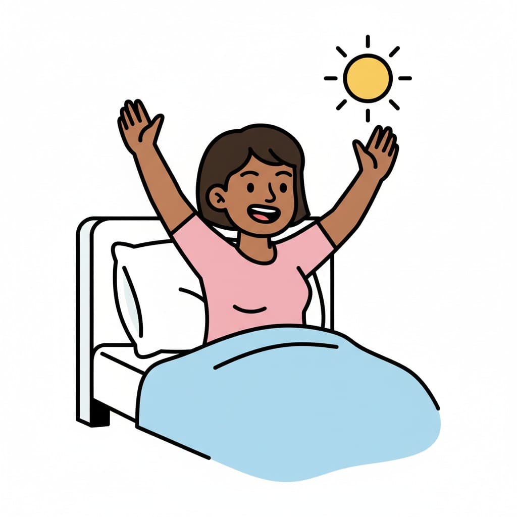 En flicka vaknar i sängen och sträcker upp armarna.