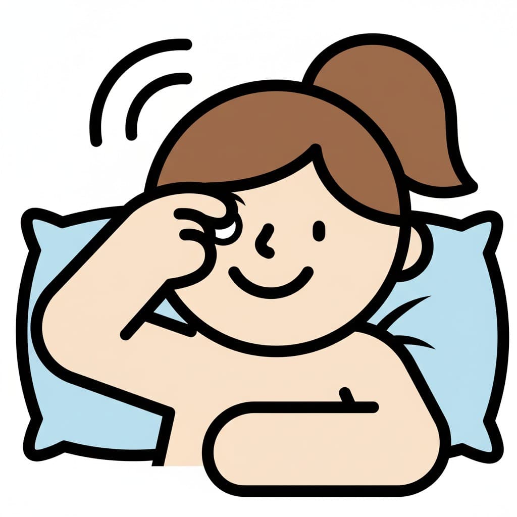 A smiling person waking up in bed, rubbing their eye.
