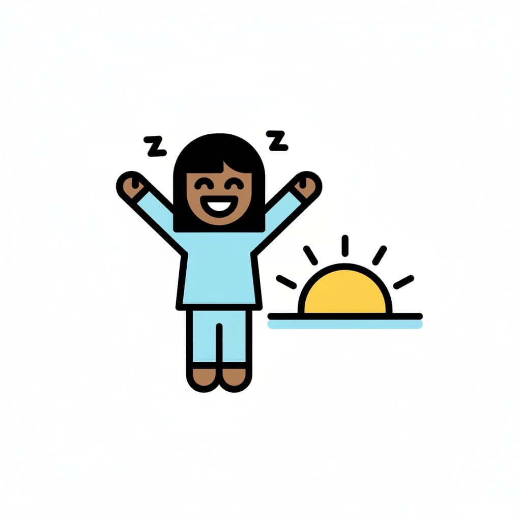 A person in pajamas stretches with arms raised, and a sun rises next to them. Two 'Z' symbols float above their head, indicating they are waking up.