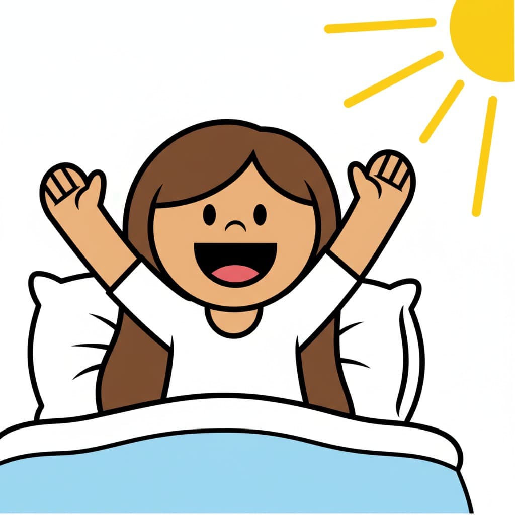 Ei jente våkner og strekker seg i sengen mens solen skinner.