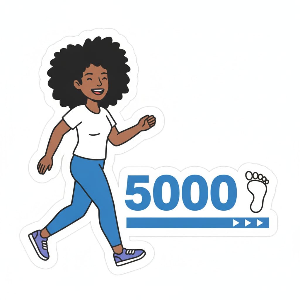 En smilende pige går fremad ved siden af en måler, der viser 5000 skridt.