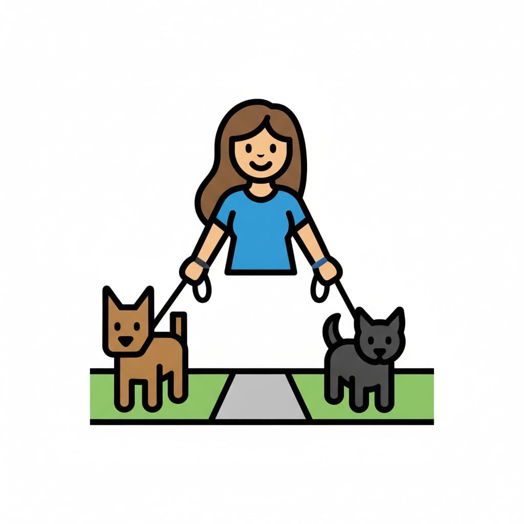 En flicka går längs en stig med en hund på var sida i gräset.