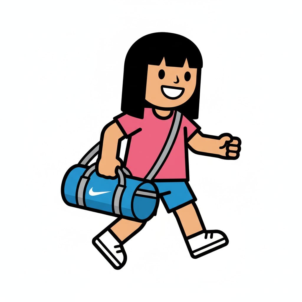 Henkilö, jolla on suorat hiukset, kävelee sinisen jumppakassin kanssa olallaan.