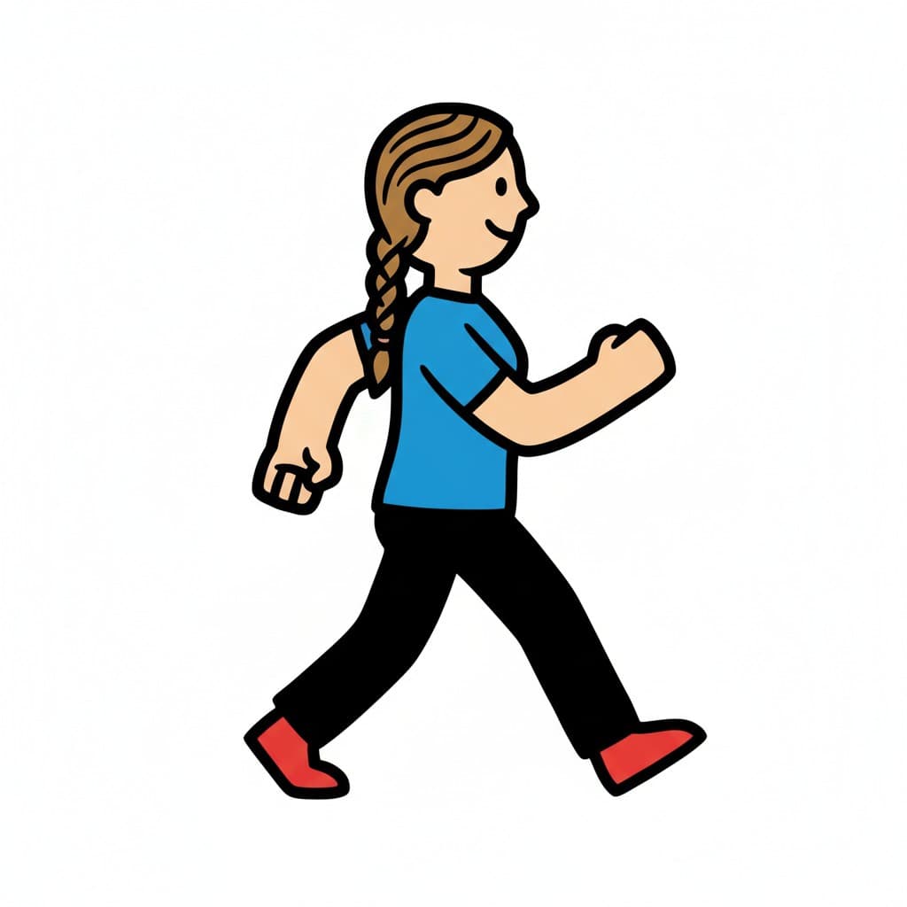 En flicka med flätor går med ett leende.