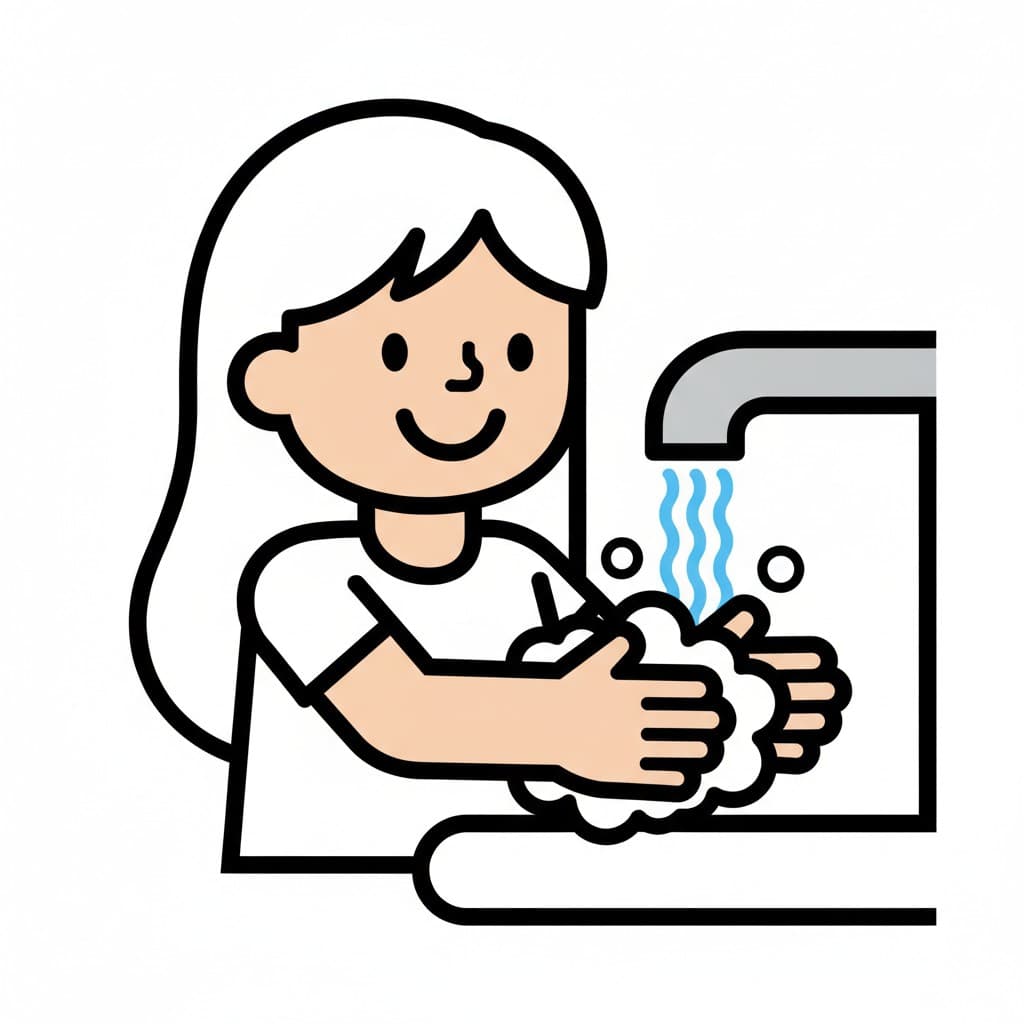 Ei jente vasker hendene med såpe og vann fra en kran.