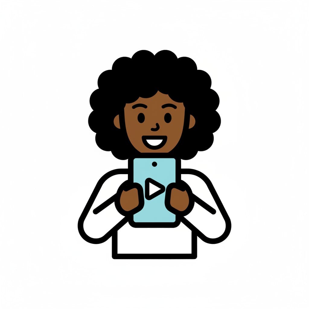 A person with curly hair watching a mobile phone with a play button on the screen.