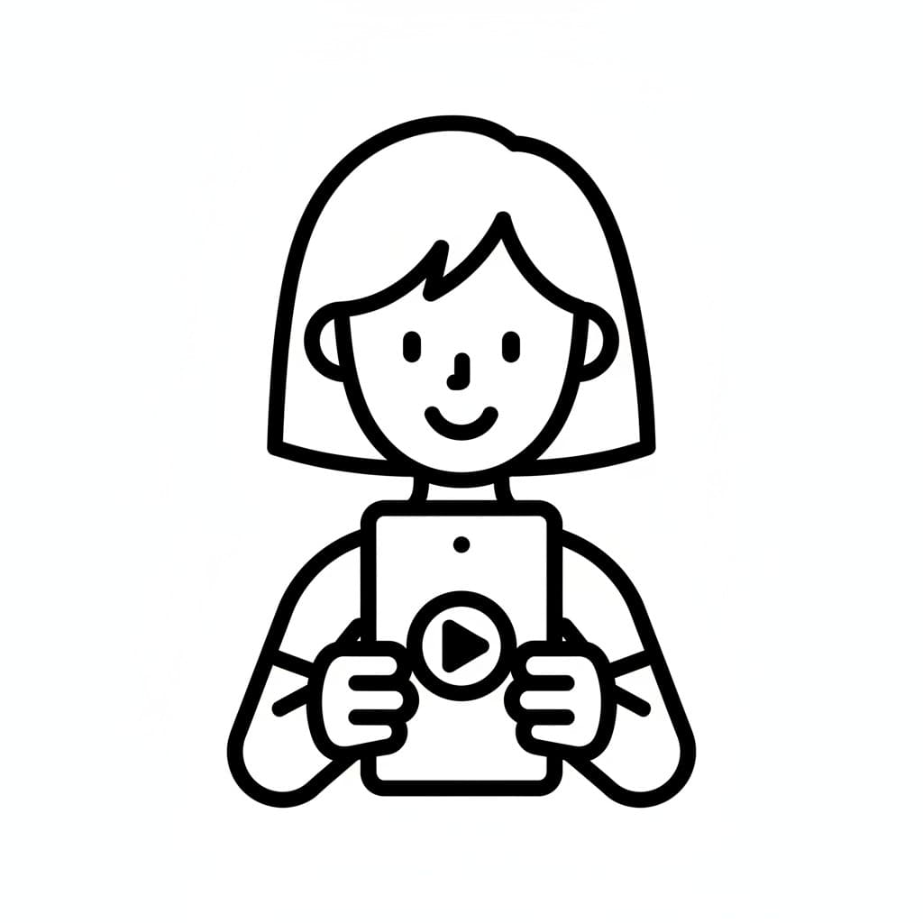 A person with short hair watching a mobile phone with a play button on the screen.