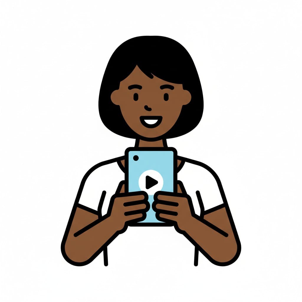 En person med glat hår ser på en mobiltelefon med en afspilningsknap på skærmen.