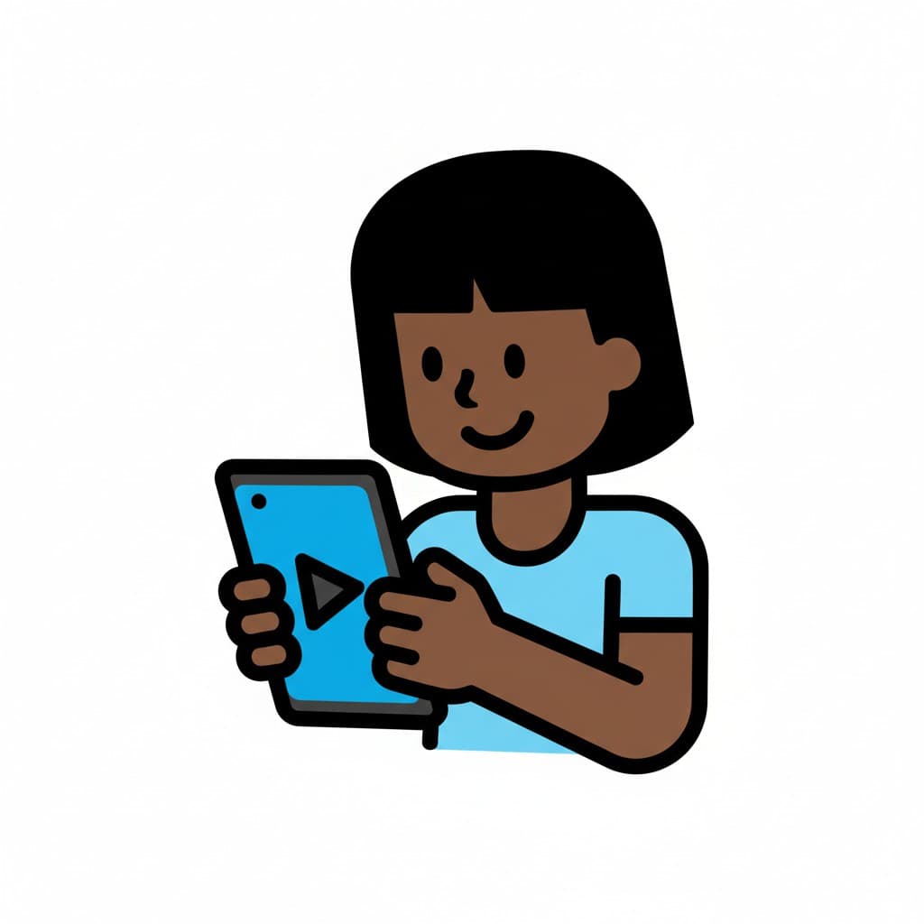 A girl watches a phone with a play button on the screen.