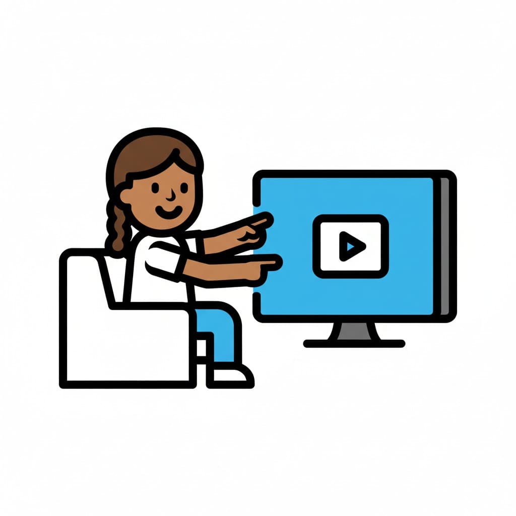 En flicka sitter i en stol och pekar på en TV-skärm med en uppspelningsknapp, vilket indikerar att hon tittar på tv.