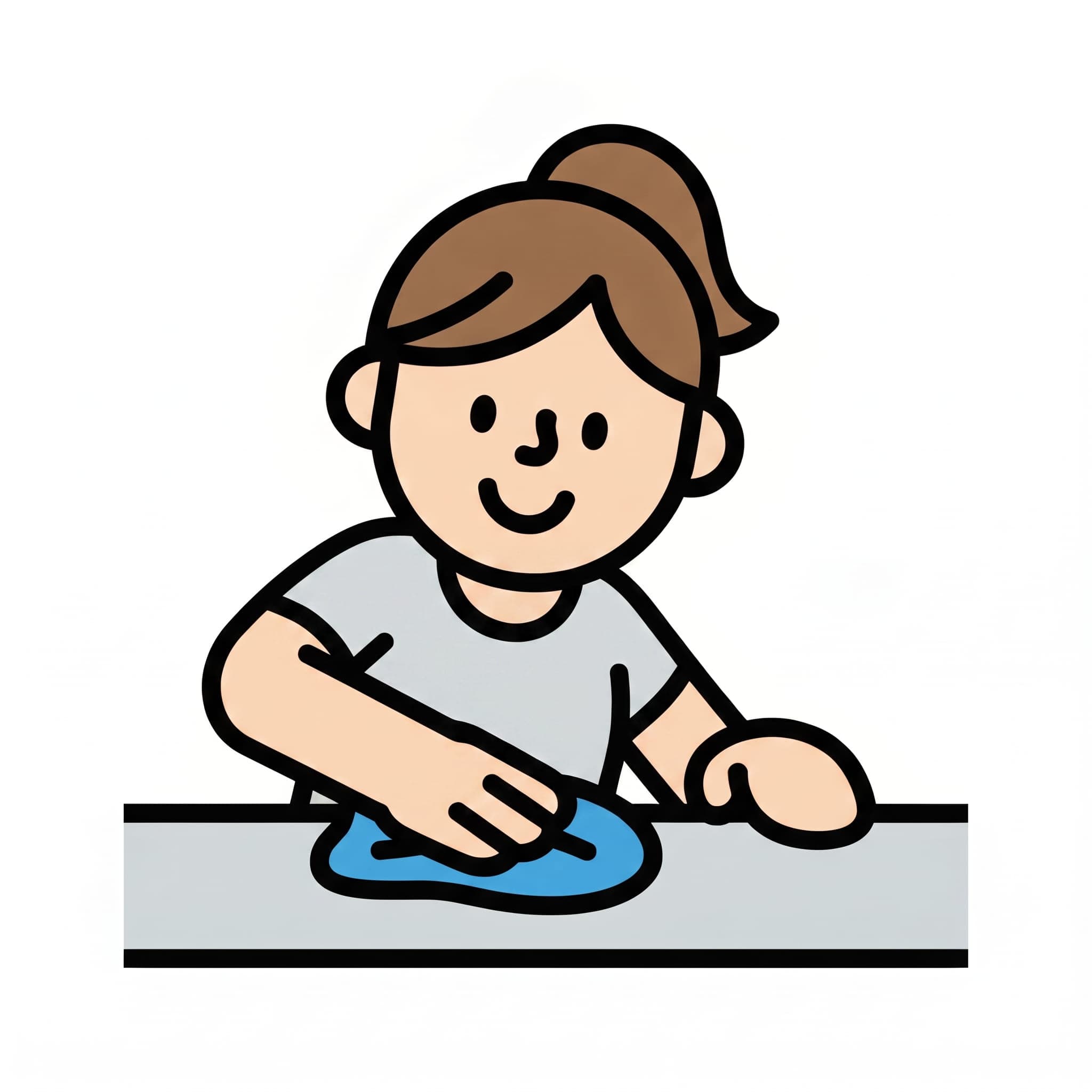 A girl with a ponytail leans forward and wipes a light grey counter with a blue cloth.