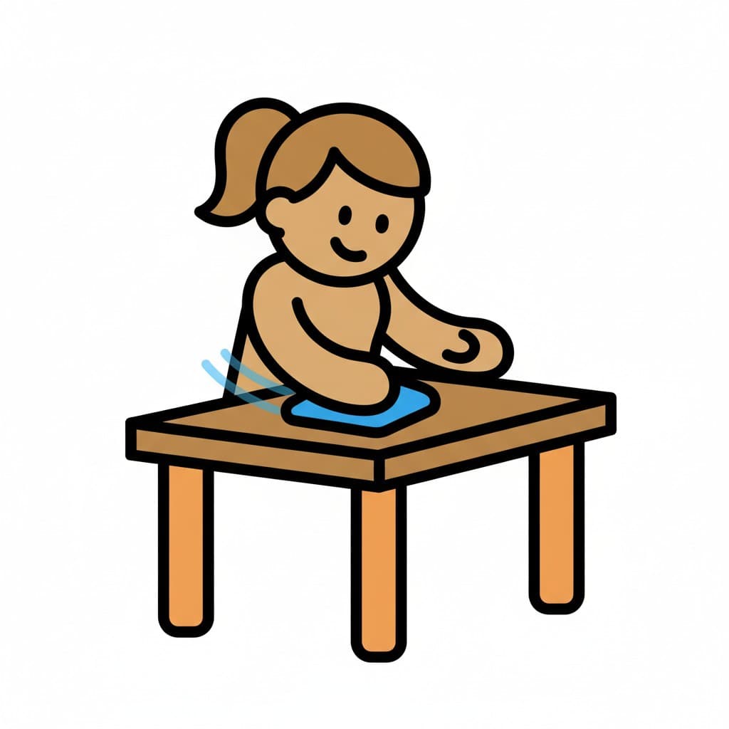 A girl wiping a table with a cloth.