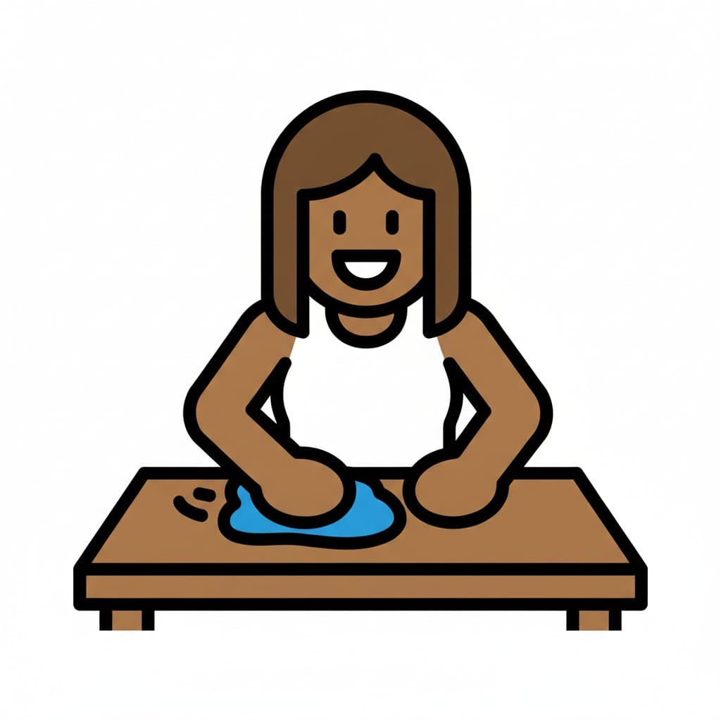 A girl wipes a brown table clean with a blue cloth.