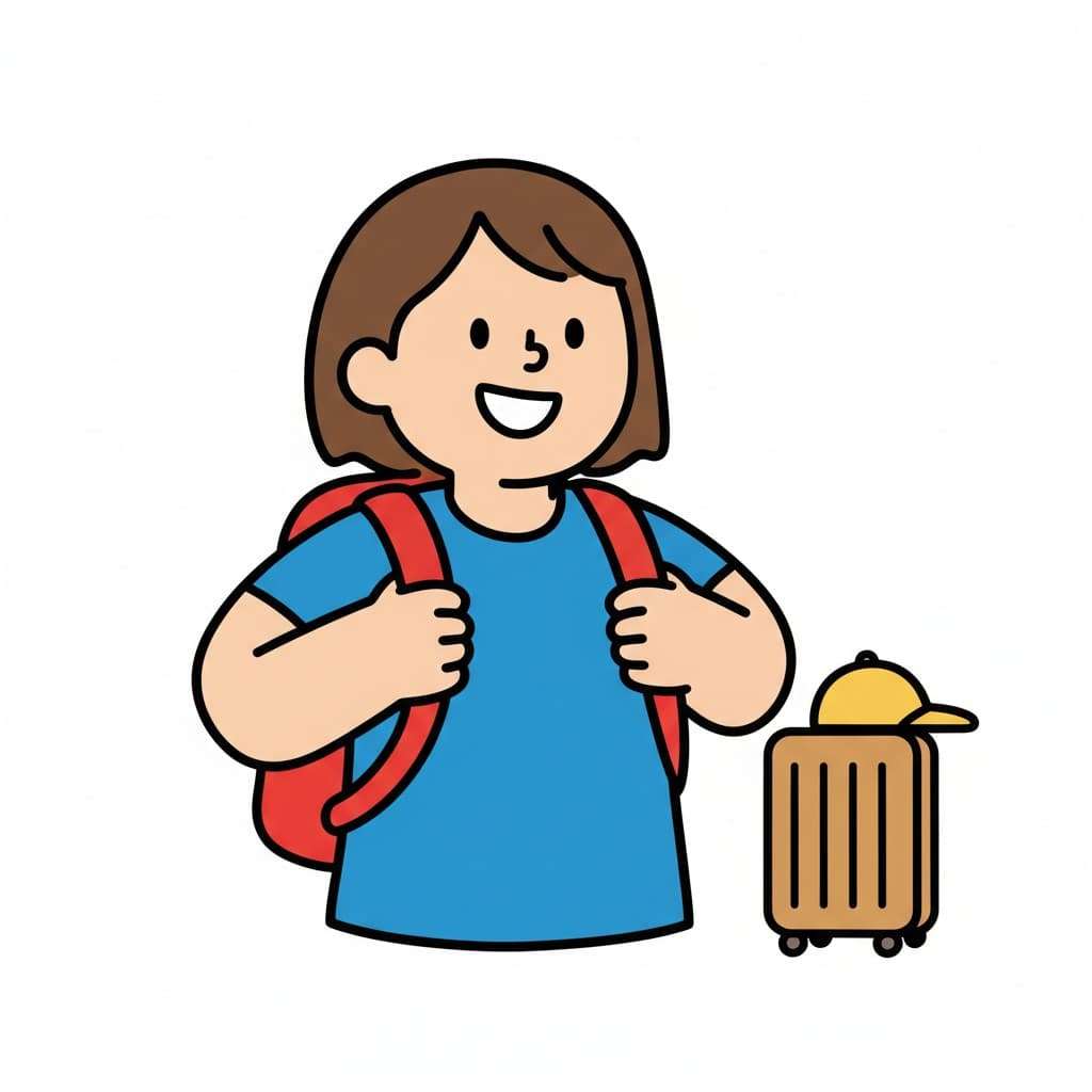 A smiling girl wears a red backpack and stands next to a packed suitcase with a cap.