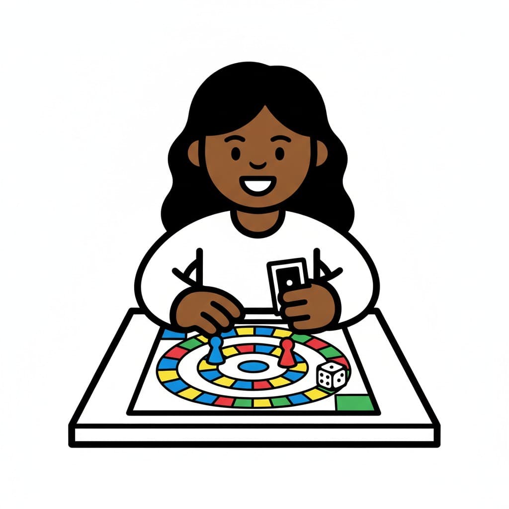A girl holds playing cards and smiles at a round board game with a die.