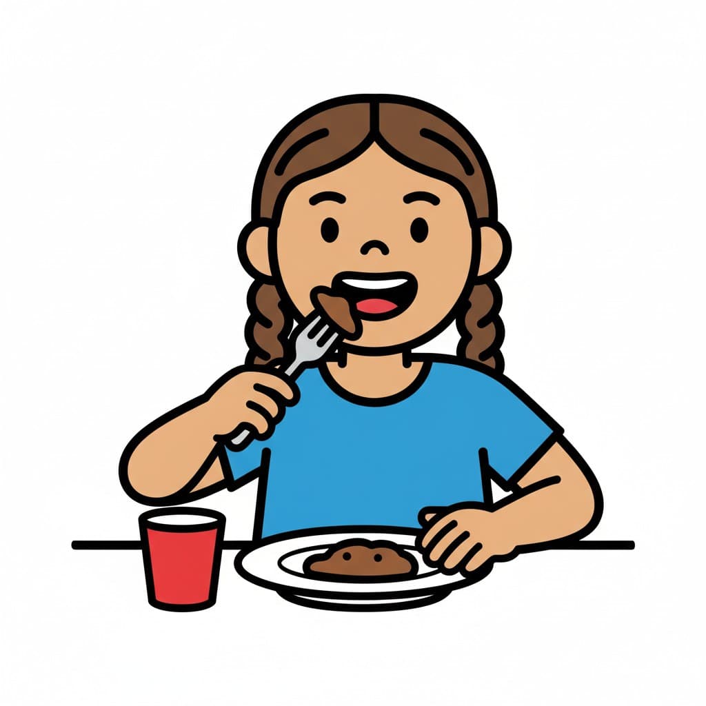 At the table, a girl with braids takes a bite from her fork, with a red cup standing next to her plate.