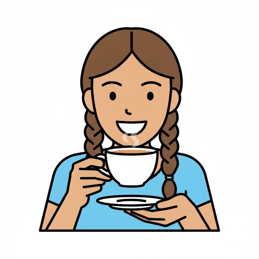 A girl with braids smiles as she holds a white cup of steaming tea in one hand and a saucer in the other.