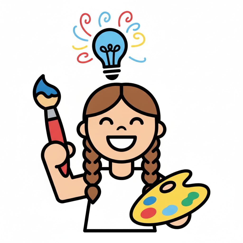 A girl holds a big pencil and a notepad with creative ideas in a thought bubble.