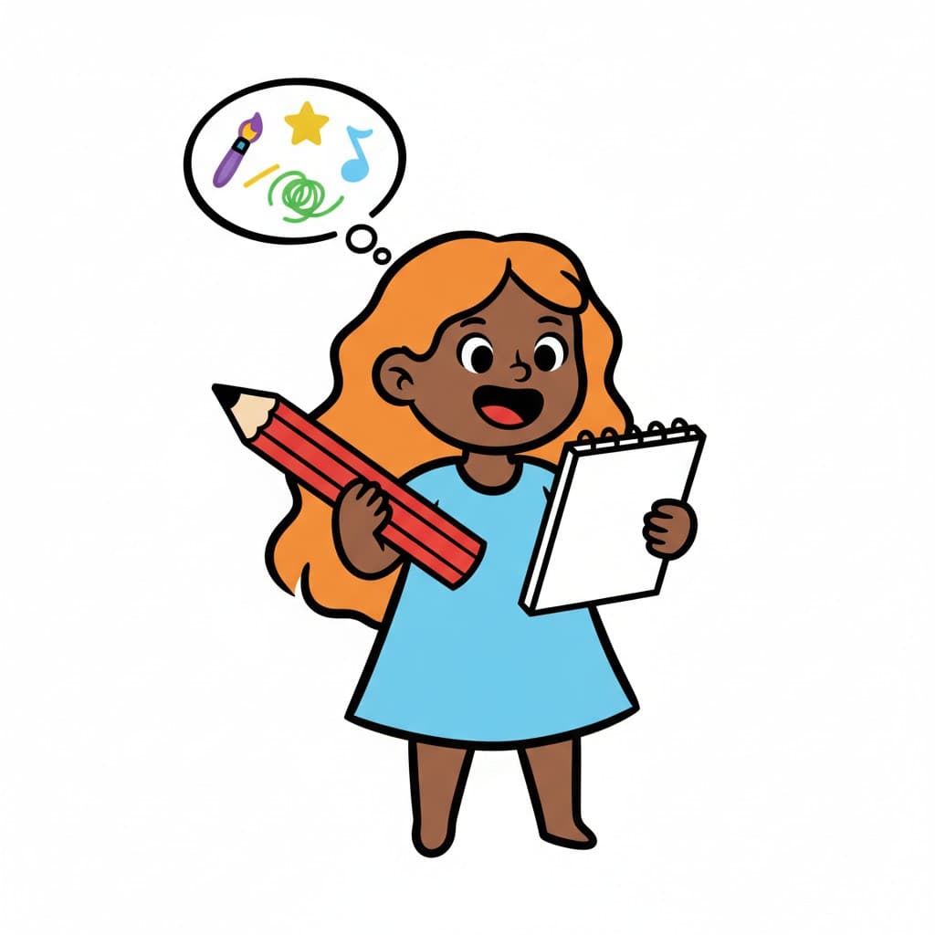 A girl holds a brush and palette with a star and an idea lightbulb.