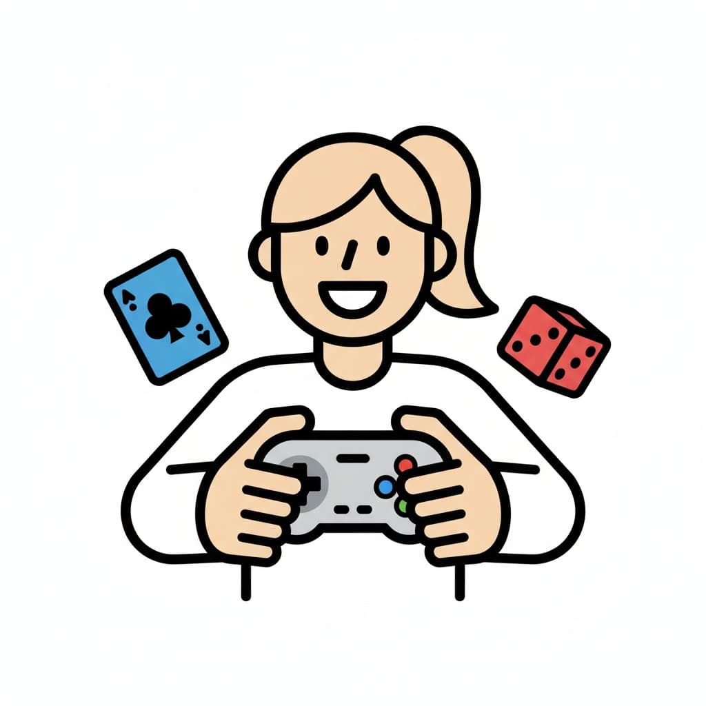 Ein fröhliches Mädchen mit Pferdeschwanz hält mit beiden Händen einen Controller, daneben schweben eine Spielkarte und zwei rote Würfel.