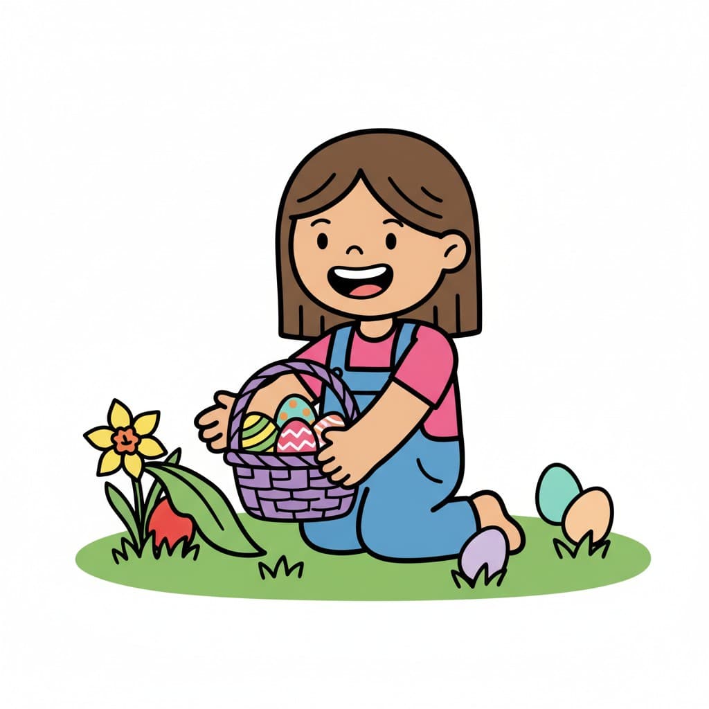 En flicka sitter på knä och håller en korg fylld med färgglada påskägg. Fler ägg ligger på marken bredvid en blomma.