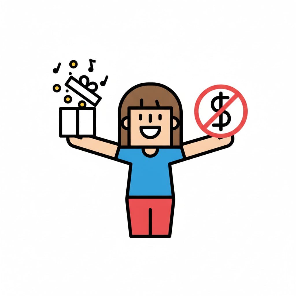 A cheerful girl raises both arms, holding a gift in one hand and a crossed-out money symbol in the other.