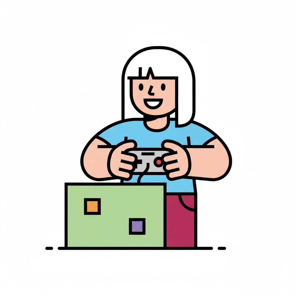 Ein Mädchen mit langem hellem Haar hält einen kleinen Controller vor einem grünen Bildschirm mit bunten Quadraten.
