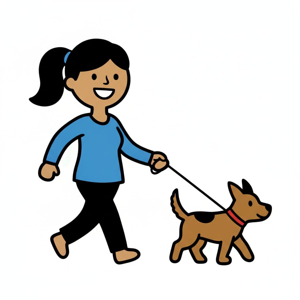 En flicka med hästsvans går glatt framåt medan hunden drar lite i kopplet.