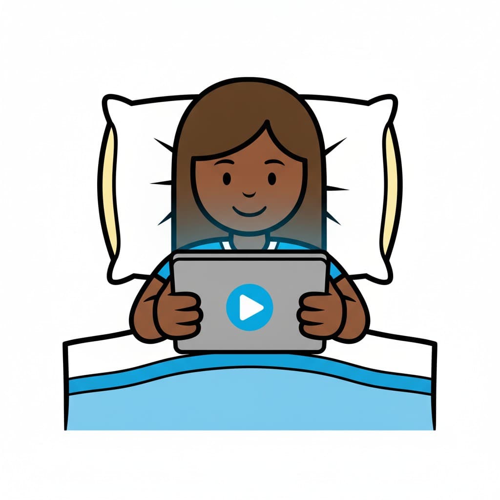 A girl lies against her pillow in bed holding a tablet that shows a play button.