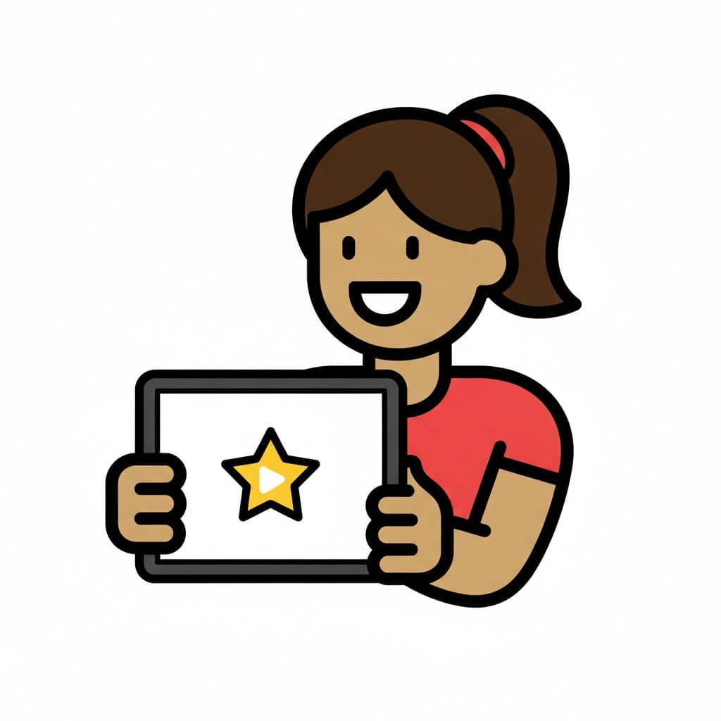 A girl with a ponytail in a red top holds out a tablet displaying a yellow star with a play arrow.