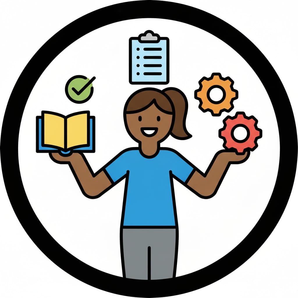 A girl surrounded by a book, a tick, a clipboard checklist and gears representing different tasks.