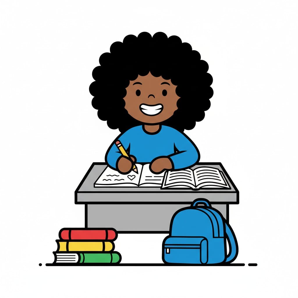 An illustration of a girl sitting at a desk, writing in a notebook. A backpack and books are on the floor next to the desk.