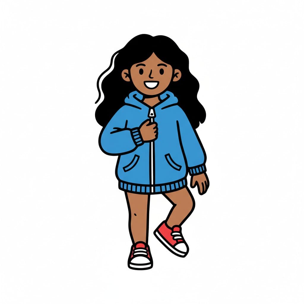 A girl zipping up her blue jacket and wearing red shoes.