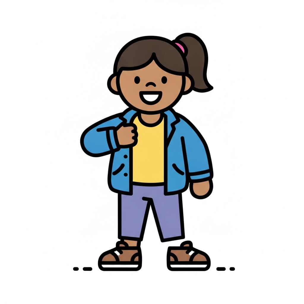 A girl in a jacket and t-shirt holds the front of her jacket.