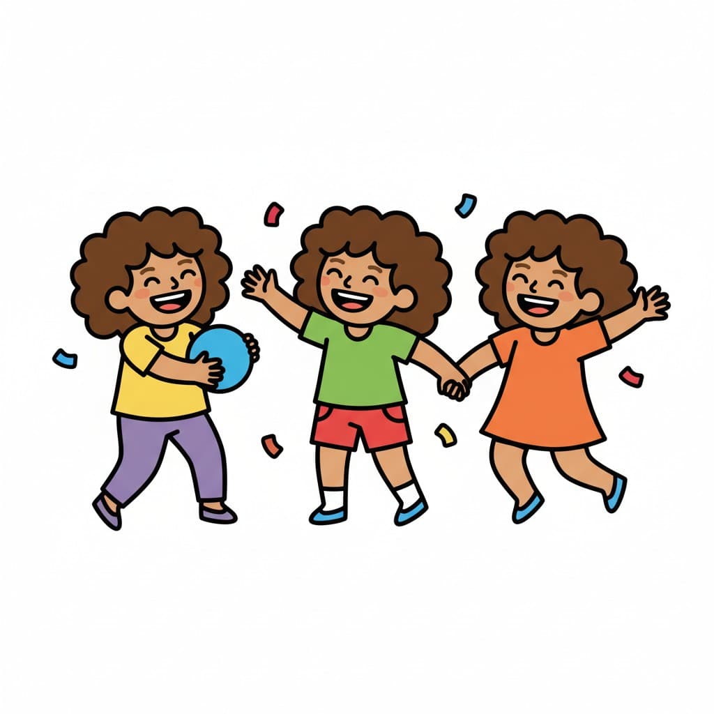 Three girls play and hold hands, with confetti around them. One girl holds a blue ball.