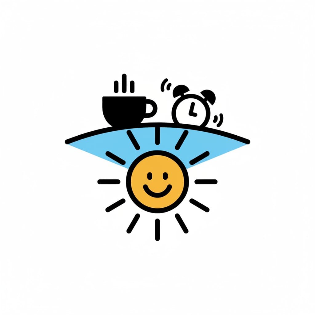 Illustration av en glad sol som stiger över en blå horisont, med en ångande kaffekopp och en väckarklocka ovanpå, vilket symboliserar morgonen.