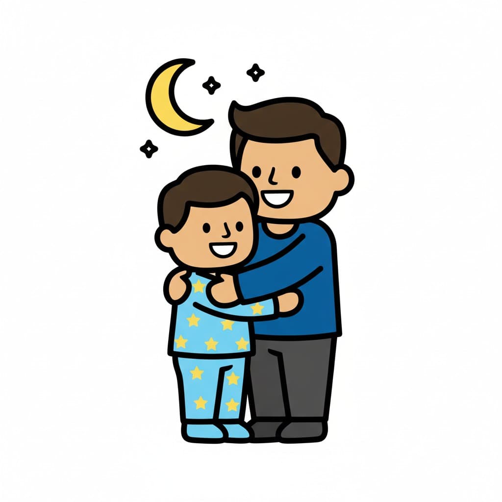 En vuxen man kramar ett barn i pyjamas, med en måne och stjärnor i bakgrunden. Båda ler.