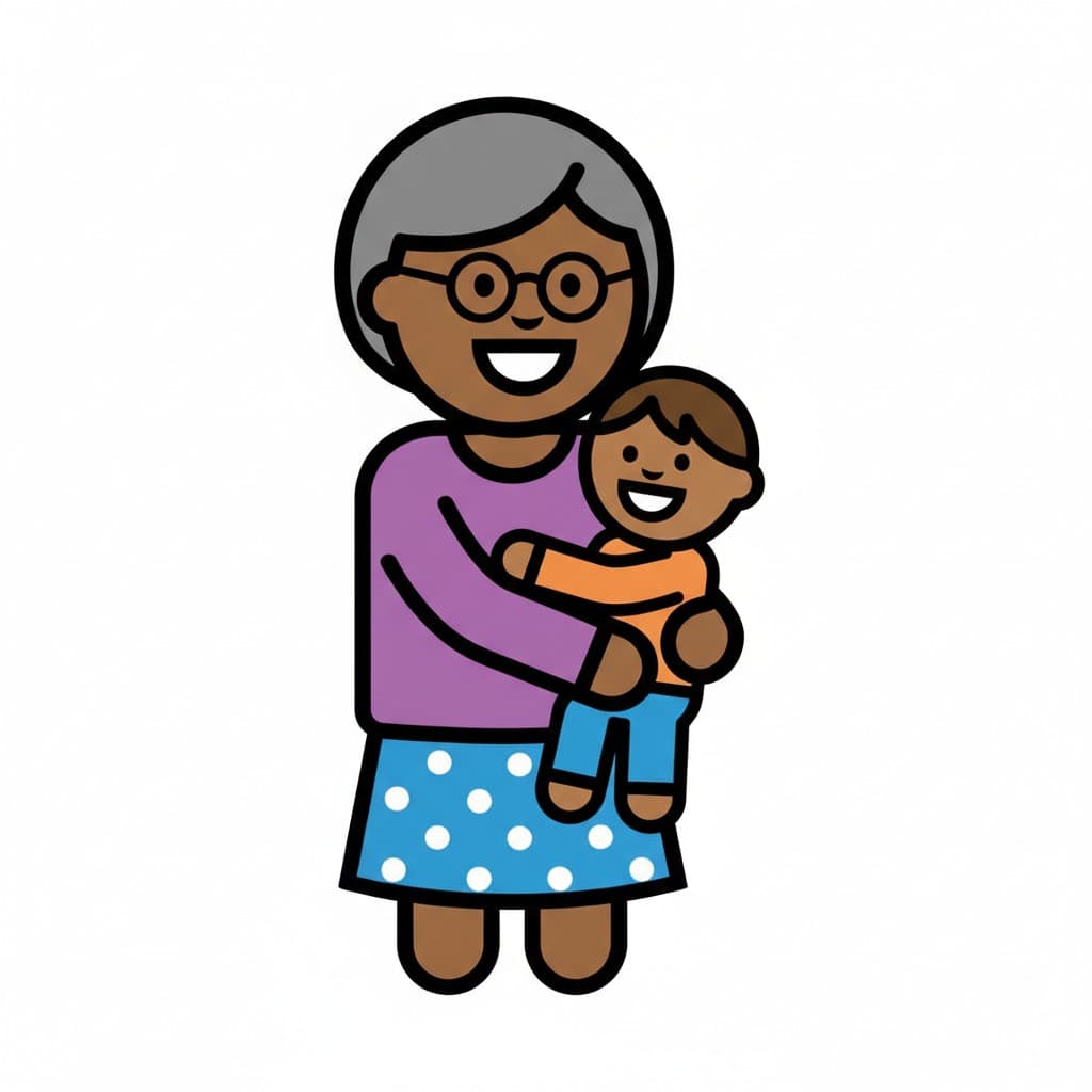 En kvinde med gråt hår og briller holder et smilende barn.