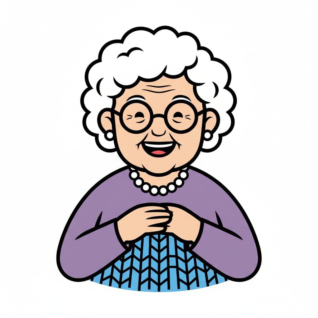 En smilende ældre kvinde med hvidt krøllet hår, perlekæde og briller, strikker med blåt garn.