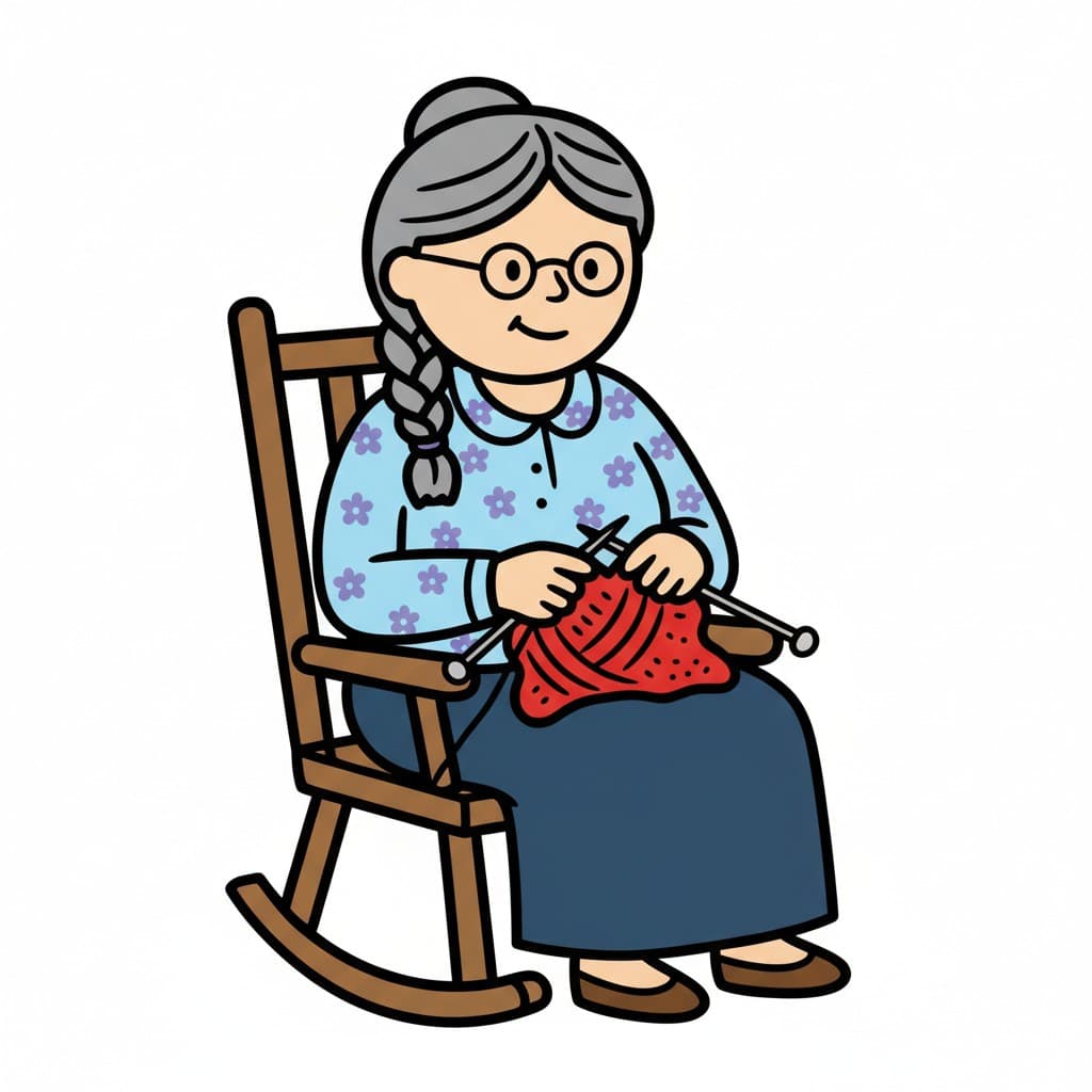 En kvinde med gråt flettet hår og briller sidder i en gyngestol og strikker en rød sweater.