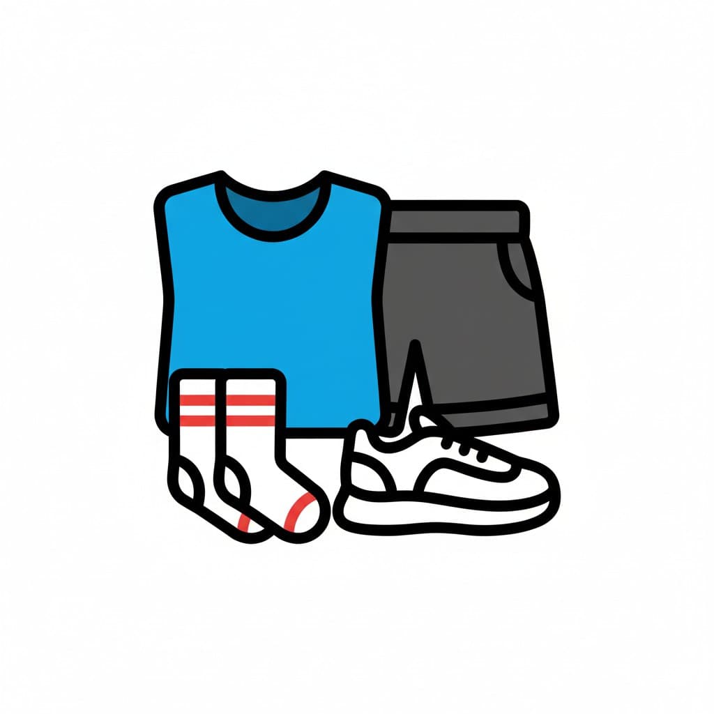 Et sett treningstøy bestående av en blå t-skjorte, grå shorts, hvite sokker med røde striper og hvite joggesko.