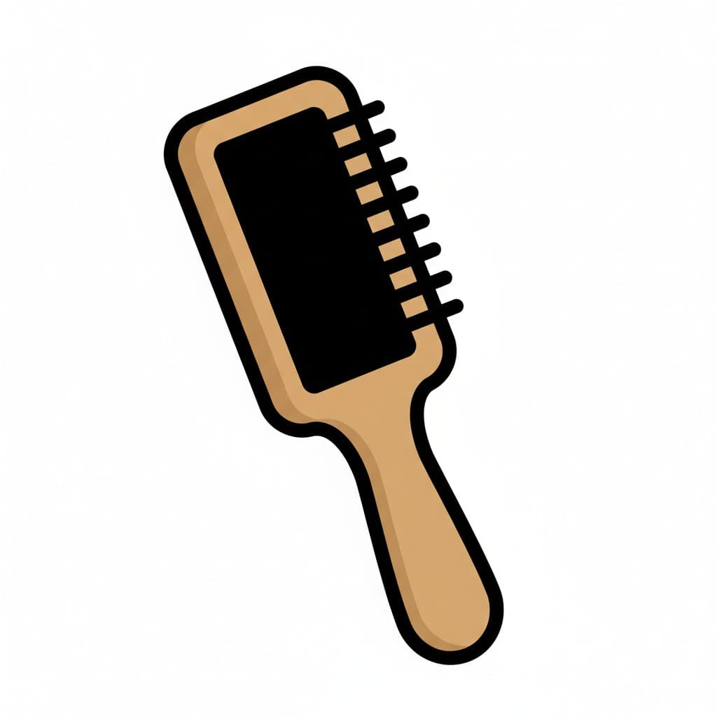 A hairbrush with a beige handle and a black brush head.